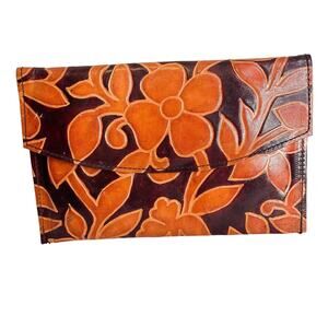Vegan Leather Brown orange Floral Embroidered Square Wallet Clutch bag